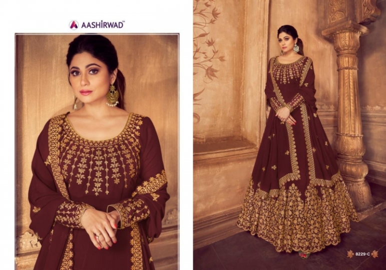 AASHIRWAD ANARKALI GOLD GEORGETTE HEAVY GOWN TRADITIONAL WEAR WHOLESALE DEALER BEST RATE BY GOSIYA EXPORTS SURAT (3)