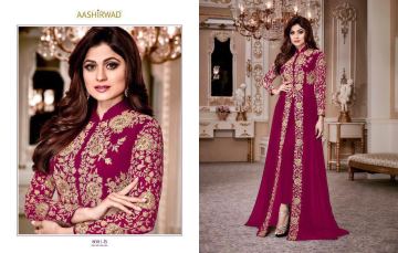 AASHIRWAD CREATION SHAMITA GOLD GEORGETTE EMBROIDERED PARTY WEAR SUITS WHOLESALER BEST RATE BY GOSIYA EXPORTS SURAT (1)