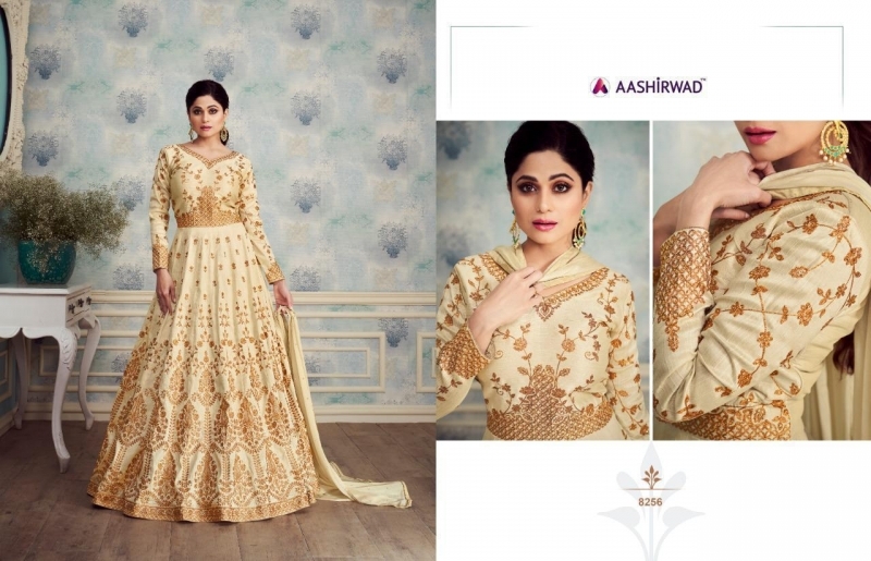 AASHIRWAD ROYAL SILK 8253-8257 SERIES PARTY WEAR SUITS LATEST CATALOGUE WHOLESALE DEALER BEST RATE BY GOSIYA EXPORTS SURAT (1)