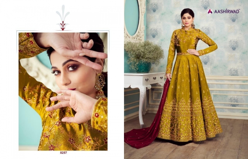 AASHIRWAD ROYAL SILK 8253-8257 SERIES PARTY WEAR SUITS LATEST CATALOGUE WHOLESALE DEALER BEST RATE BY GOSIYA EXPORTS SURAT (3)