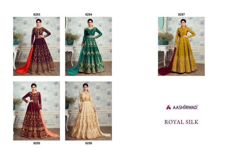 AASHIRWAD ROYAL SILK 8253-8257 SERIES PARTY WEAR SUITS LATEST CATALOGUE WHOLESALE DEALER BEST RATE BY GOSIYA EXPORTS SURAT (4)