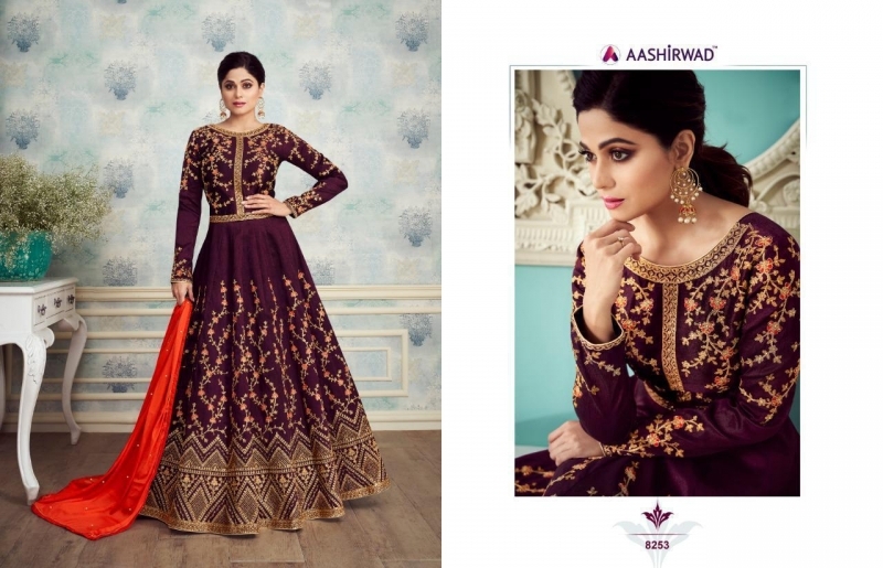 AASHIRWAD ROYAL SILK 8253-8257 SERIES PARTY WEAR SUITS LATEST CATALOGUE WHOLESALE DEALER BEST RATE BY GOSIYA EXPORTS SURAT (5)