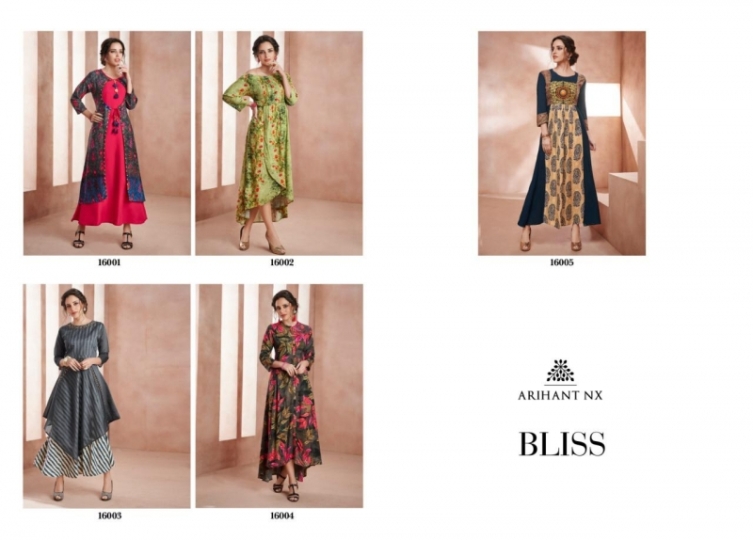 ARIHANT NX BLISS 16001 TO 16005 SERIES REYON ANARKALI PRINTED KURTIS CATALOGUE MANUFACTURER WHOLESALE BEST RATE BY GOSI