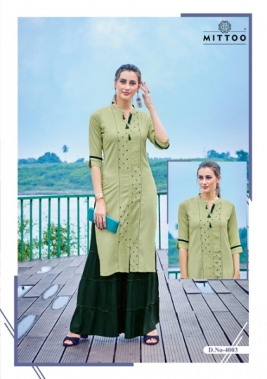 MITTOO ZOORI 4001-4008 SERIES RAYON HAND WORK KURTIS WITH SHARARA COLLECTION WHOLESALE  DEALER BEST RATE BY GOSIYA EXP (519)