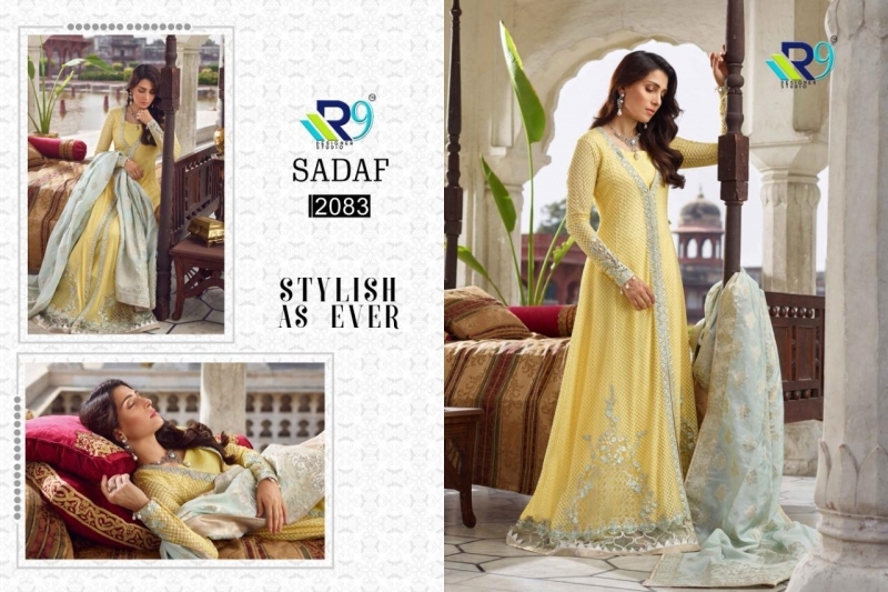 R9 DESIGNER PRESENTS SADAF GEORGETTE SATIN FABRIC GOWN STYLE SALWAR SUIT WHOLESALE DEALER BEST RATE BY GOSIYA EXPORTS SURAT (