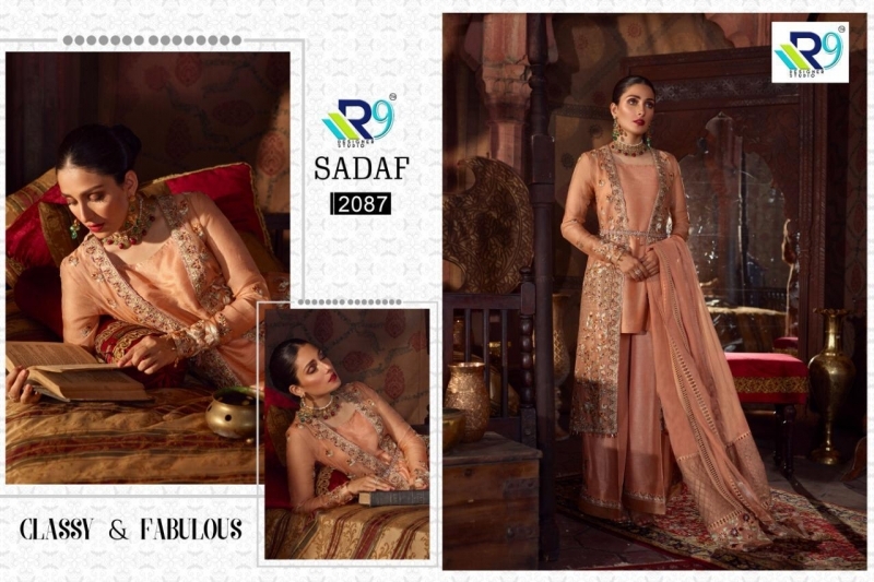 R9 DESIGNER PRESENTS SADAF GEORGETTE SATIN FABRIC GOWN STYLE SALWAR SUIT WHOLESALE DEALER BEST RATE BY GOSIYA EXPORTS SURAT ( (11)