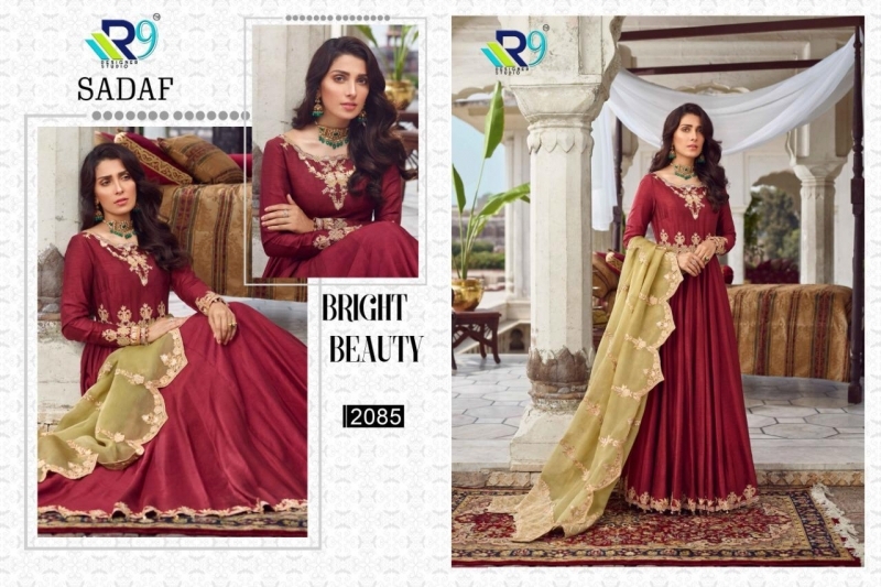 R9 DESIGNER PRESENTS SADAF GEORGETTE SATIN FABRIC GOWN STYLE SALWAR SUIT WHOLESALE DEALER BEST RATE BY GOSIYA EXPORTS SURAT ( (7)