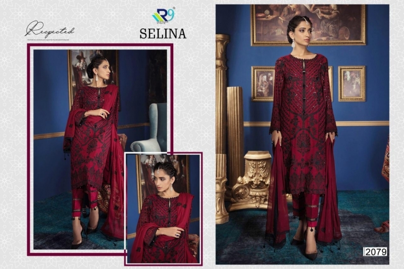 R9 DESIGNER PRESENTS SELINA GEORGETTE FABRIC DRESS MATERIAL WITH EMBROIDERY WHOLESALE DEALER BEST RATE BY GOSIYA EXPORTS