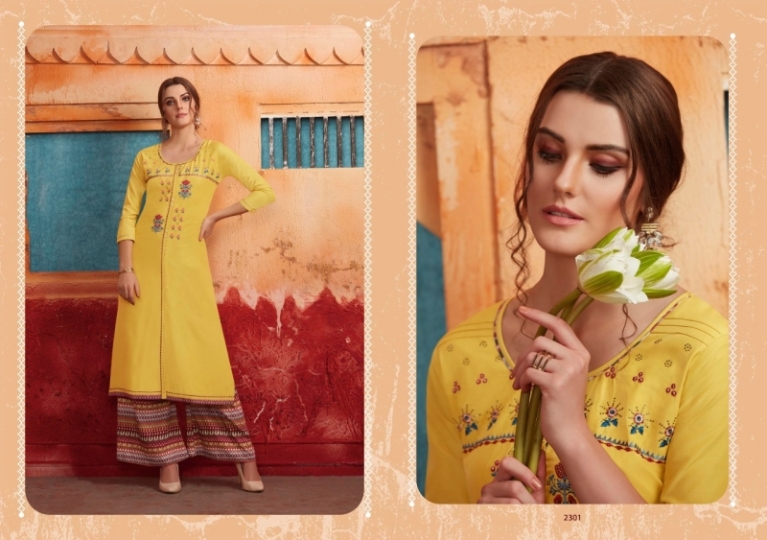 RANGOON PRESENT FIRST LOOK MUSLIN LONG KURTI WITH SILK PLAZZO COLLECTION WHOLESALE DEALER BEST RATE BY GOSIYA EXPORTS SURAT (1)