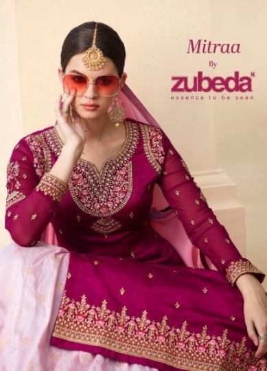 ZUBEDA PRESENT MITRAA SATIN GEORGETTE WITH BANARASI JACQUARD LEHANGA STYLE SALWAR SUIT WHOLESALE DEALER BEST RATE BY GOSIYA (12)