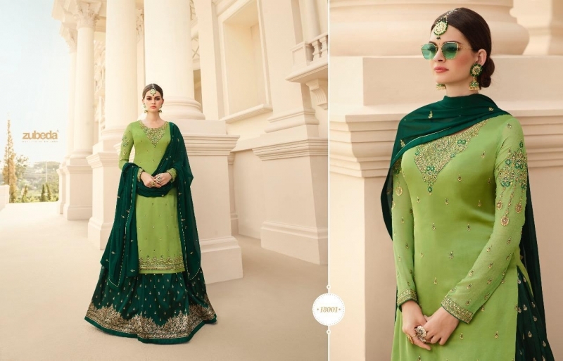 ZUBEDA PRESENT MITRAA SATIN GEORGETTE WITH BANARASI JACQUARD LEHANGA STYLE SALWAR SUIT WHOLESALE DEALER BEST RATE BY GOSIYA (17)