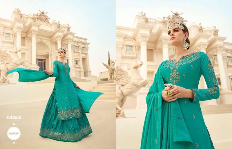 ZUBEDA PRESENT MITRAA SATIN GEORGETTE WITH BANARASI JACQUARD LEHANGA STYLE SALWAR SUIT WHOLESALE DEALER BEST RATE BY GOSIYA (24)